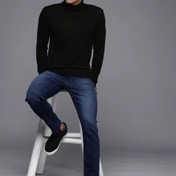 wrogn Men Solid High Neck Black Sweater image 4
