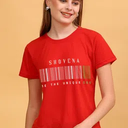 Women Printed Round Neck Cotton Blend Red T-Shirt-image-5