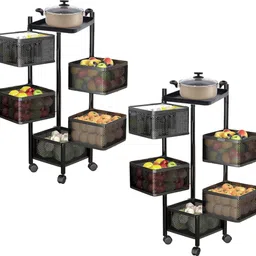 homestic Pack of 2 Revolving 5-Layer Multipurpose Storage Rack with Wheels | Black Iron Kitchen Trolley-picture-14