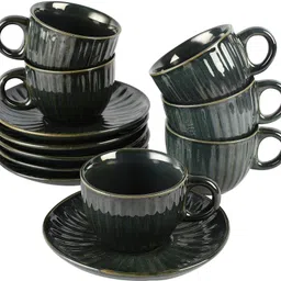 miah decor Pack of 12 Ceramic Pine Glazed Stoneware Pottery Ceramic Tea Cup and Saucer Cup Plate Set 170ml-picture-27