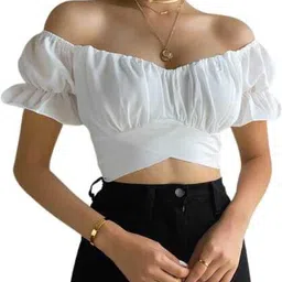 newlookas Casual Puff Sleeves Solid Women White Top-picture-22