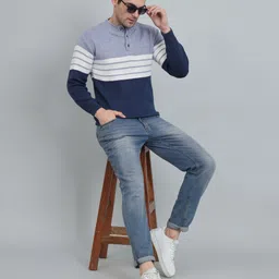 willey Men Striped Collared Neck Blue Sweater-picture-25