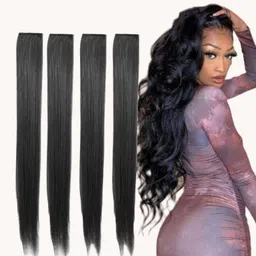 ss clipextension SS 4 Clip Side HAIR Extension (Set of 4 pieces) ( Black)(20 inch) Synthetic Hair Extension-picture-26