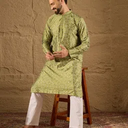 house of pataudi Men Printed Pure Silk Straight Kurta image 1