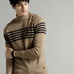 roadster Men Striped High Neck Beige Sweater-picture-23