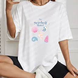 slenor Women Printed Round Neck Polycotton White T-Shirt-picture-12