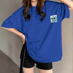 veirdo Oversize Women Typography Round Neck Pure Cotton Blue T-Shirt image 1