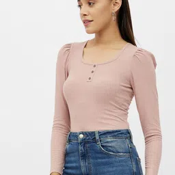 harpa basics Casual Puff Sleeves Solid Women Gold Top image 3