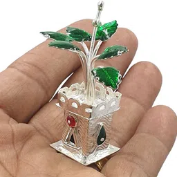 sahiba gems Solid Chandi / Silver Tulsi Small Plant for Home/Office for Pooja (11 Grams) Decorative Showpiece-5 cm image 3