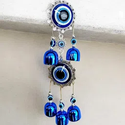 chandni Evil Eye Wall Hanging Wind Chime with Blue Bells and Tassel – Protective Glass, Polyester Windchime image 5