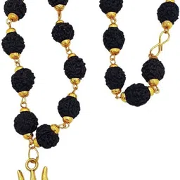 lotus store Most Demanded Shiv Symbol Dotted Locket Pendant With 5 Mukhi Rudraksha Mala Gold-plated Beads Brass, Wood Locket image 1