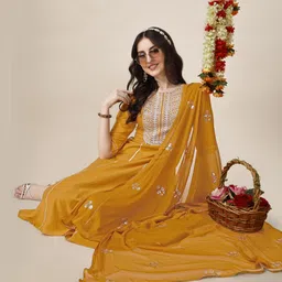 youthnic Women Silk Blend Kurta Palazzo Dupatta Set image 4