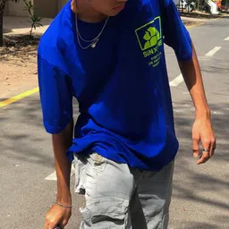 veirdo Oversized Men Printed Round Neck Pure Cotton Blue T-Shirt image 4