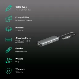 Croma 4-in-1 USB 3.0 Type C to USB 3.0 Type A, 3.5mm Stereo, HDMI Type A, USB 3.0 Type C Multi-Port Hub (5 GbpsData Transfer Rate, Grey) image 2