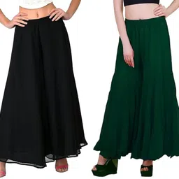 affleon Pack of 2 Women Flared Black Georgette Trousers-picture-23