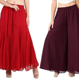 affleon Pack of 2 Women Flared Multicolor Georgette Trousers-picture-37