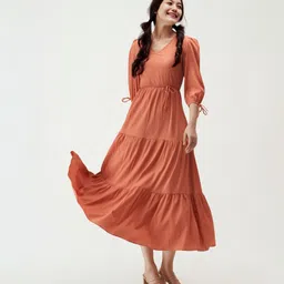 Women Fit and Flare Orange Ankle Length Dress-image-32