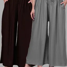valles365 by s.c. Pack of 2 Women Flared Grey, Brown Viscose Rayon Trousers-picture-35