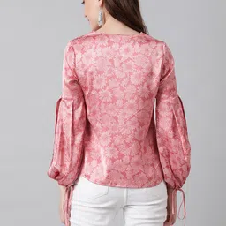 ootd by kotty Casual Balloon Sleeve Printed Women Pink, White Top image 2