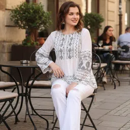 taranjal Casual Bell Sleeves Printed Women White Top-picture-24