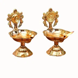 iae Brass Shanku Chakra Deepalu Shanku Chakra kuber Diya for Pooja Room Brass (Pack of 2) Table Diya Set image 3