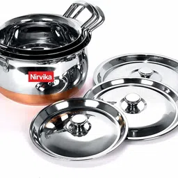 nirvika 3 pcs export quality premium design luxurious stainless steel copper handi Cookware Set with lid and handle (Stainless Steel 3 - Piece) Cookware Set Capacity: 1.5 L, 1 L, 0.75 L Handi 1.5 L, 1 L, 0.75 L with Lid (Stainless Steel) Donga Handi Dish Serving Set image 5