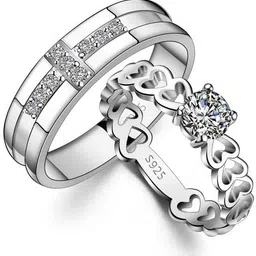 inori King Queen Design Couple Ring Alloy Cubic Zirconia Silver Plated Ring image 2