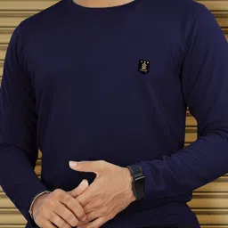 Men Solid Round Neck Polyester Navy Blue T-Shirt-image-60