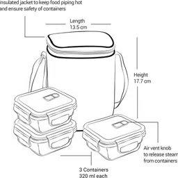 treo All Fresh Square Glass Tiffin With Jacket, 3 Containers, 320 ml Each, Grey 3 Containers Lunch Box image 4
