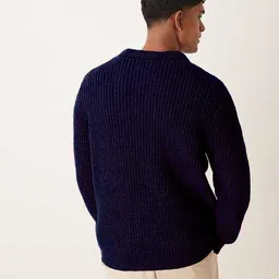 eddicted Men Solid Collared Neck Dark Blue Sweater image 3