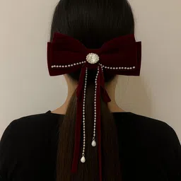 hnb23 Maroon Bow Hair Clip with Pearl Chains & Crystal Center – Fancy Hair Accessory Hair Accessory Set image 2