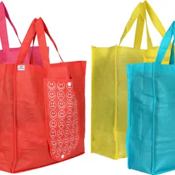heart home Foldable Reusable Smiley Printed Shopping Bag with One Small Pocket (Set Of 4,Pink & Yellow & Red & Blue) Pack of 4 Grocery Bags-picture-17
