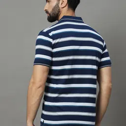 uniberry Men Striped Polo Neck Cotton Blend Dark Blue T-Shirt image 2