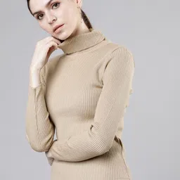 tokyo talkies Women Solid Turtle Neck Beige Sweater image 4
