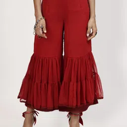lela Women Flared Red Georgette Trousers-picture-18