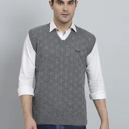 ewools Men Checkered V Neck Grey Sweater-picture-16