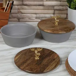 amaya decors Grey Ceramic Serving Bowl With Mangowood Lid Set of 2-picture-34