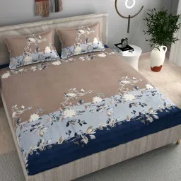 fine tex world Brown and Blue Floral 220 TC Microfiber King Size Fitted Bedsheet With 2 Pillow Covers image 1
