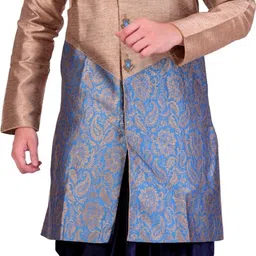 Pooja Ethnic Pooja Ethnic Men's Blue and Beige Silk Indo Western with Dhoti PE9045 Embroidered Sherwani-picture-25