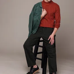 roadster Men Self Design Turtle Neck Brown Sweater image 5