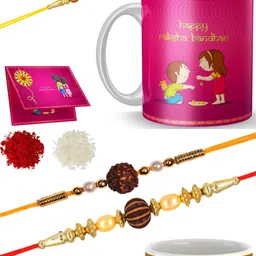 Thread MR-RR2-M2-R145 & RAKHI 2-3-137_0807 Gold Finish Rakhi, Chawal Roli Pack, Greeting Card, Mug Set-image-23