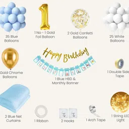 party midlinkerz Blue Net Curtain Birthday Decoration kit Set items Combo, 1st Birthday with Led image 2