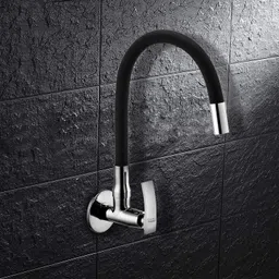 spazio Pulse SmartBuy Brass Sink Cock/Sink Faucet With Flexible Swivel Spout - Flxo Play (with 360 Degree Flexible Silicon Hose & Single Flow Pattern) Hot/Cold Water Tap With Wall Flange - Black Bib Tap Faucet image 2