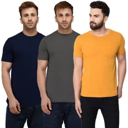london hills Pack of 3 Men Solid Round Neck Pure Cotton Blue, Grey, Yellow T-Shirt-picture-22