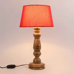 Red Fabric Shade Table Lamp with Brown Base by Foziq image 3