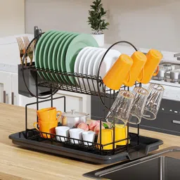 indriyas Dish Drainer Kitchen Rack 2 Tier Dish Drying Rack with Drip Tray, Cutlery Holder & Cup Hooks for Kitchen Plastic, Steel image 1