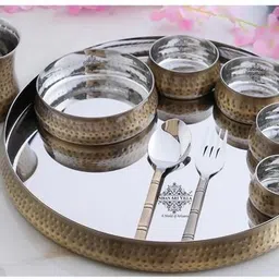 indianartvilla Pack of 9 Brass Golden Brass Curve thali set 9 piece - Hammered Antique Finish Dinner Set image 2