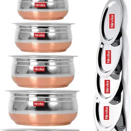 nirvika Stainless Steel Serving Bowl Copper Bottom Urli with lid Handi Set Cookware Set of 5 Pcs patila tapeli-picture-27