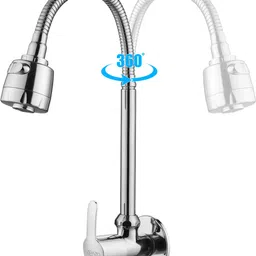 spazio Cosmo Brass Kitchen Sink Cock/Sink Tap Faucet With 360 Degree Flexible Stainless Steel Swivel Spout & Dual Flow Pattern For Hot OR Cold Water With Wall Flange Pillar Tap Faucet image 2