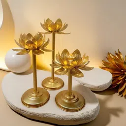 SolSales modern tealight holder stylishly shaped Lotus Candle Holder Stand Iron 3 - Cup Tealight Holder Set-picture-22